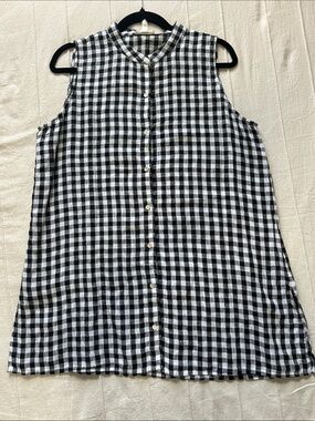 Eileen Fisher Organic Linen Gingham Tunic Shirt Black White Sleeveless PL